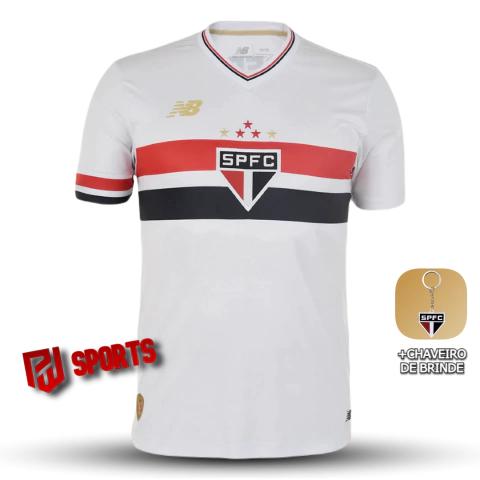 Camisa branca do São Paulo FC Home 2025, versão torcedor masculino, com detalhes em vermelho e preto, logo da New Balance e chaveiro de brinde.