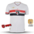 Camisa branca do São Paulo FC Home 2025, versão torcedor masculino, com detalhes em vermelho e preto, logo da New Balance e chaveiro de brinde.