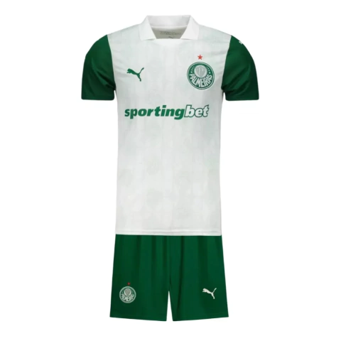 Kit Infantil Palmeiras Fora 2025/26 - Versão Torcedor Unissex - Puma - Camisa Branca e Shorts Verde - comprar online