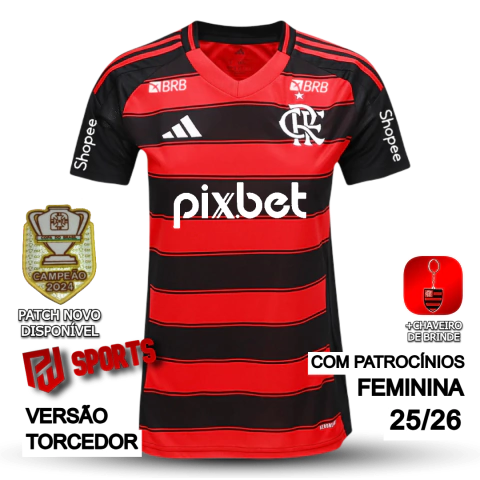 Camisa Flamengo Casa 2025/2026 Com Todos os Patrocínios - Versão Torcedora Feminina - Adidas - Preto com Listras Vermelhas - comprar online