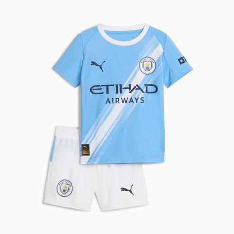 Kit Infantil Manchester City Home 25/26 - Versão Torcedor Unissex - Puma - Camisa Azul e Shorts Branco - comprar online