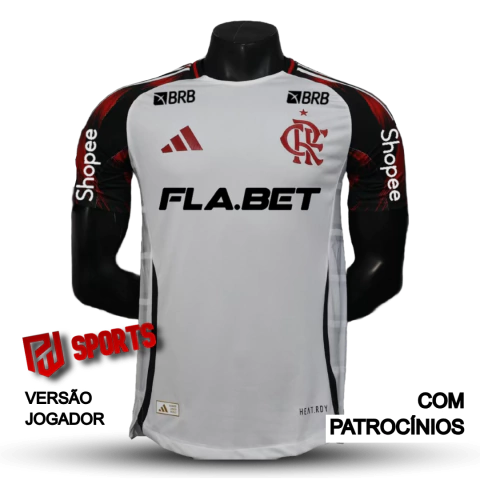 Camisa away branca do Flamengo versão jogador 2025/2026 com patrocínios, da marca Adidas.