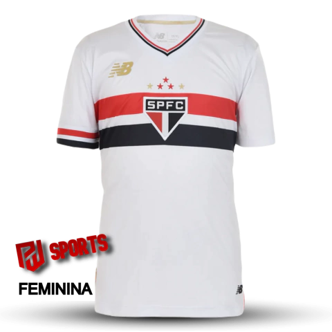 Camisa branca do São Paulo FC Home 2025, versão torcedor feminina, sem patrocínios, da New Balance, com detalhes em vermelho e preto.