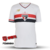 Camisa branca do São Paulo FC Home 2025, versão torcedor feminina, sem patrocínios, da New Balance, com detalhes em vermelho e preto.