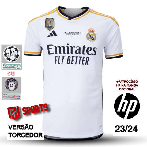 Camisa Final UCL Real Madrid Home 2023/24 Patchs UCL +Patrocínio HP - Versão Torcedor Masculino - Adidas - Branco