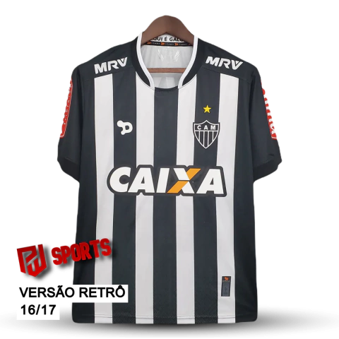 Camisa Atlético Mineiro Casa 16/17 - Versão Retrô Masculino - Dryworld - Branca e Preta Listrada