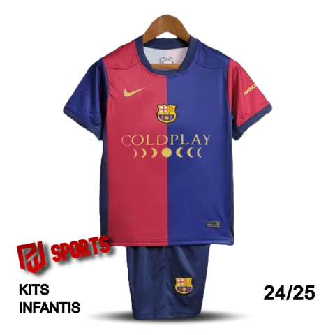 Kit Infantil Barcelona Edição Especial ColdPlay 24/25 - Torcedor Unissex - Nike - Azul e Grená