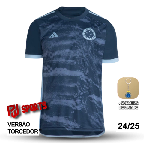 Camisa do Cruzeiro Third III 2024/25, versão torcedor masculino, cor logos bordados e tecido 100% poliéster, na cor azul.