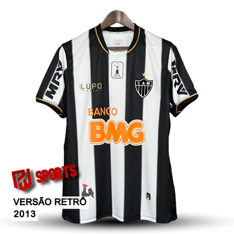 Camisa Atlético Mineiro Casa 2013 Com Patch Campeão Libertadores e Patrocínios - Versão Retrô Masculino - Lupo Sports - Branca e Preta Listrada