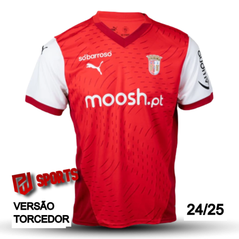 Camisa Braga Casa 24/25 - Versão Torcedor Masculino - Puma - Vermelho com Mangas Brancas