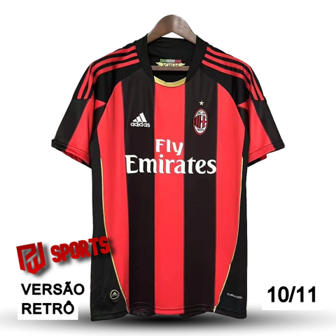 Camisa Milan Home 2010/2011 - Versão Retrô Masculino - Adidas - Preta com Listras Vermelhas