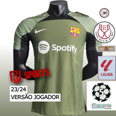 Camisa Barcelona Treino 23/24 - Versão Jogador Masculino - Nike - Verde Folha