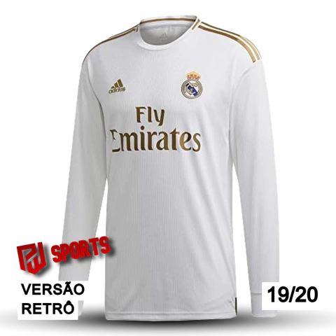 Camisa Real Madrid Home 2019/20 Manga Longa - Versão Retrô Masculina - Adidas - Branca