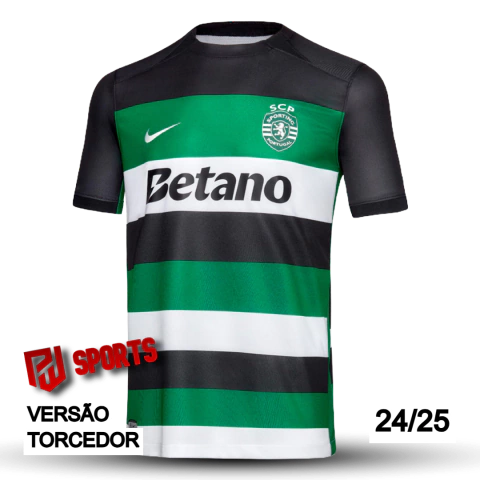 Camisa Sporting Casa 24/25 - Versão Torcedor Masculino - Nike - Preto com Listras em Branca e Verde