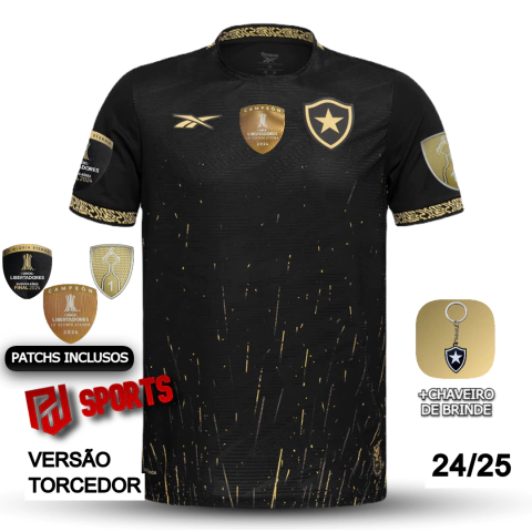 Camisa Botafogo Fora 2024/25 Com Patchs de Campeão Libertadores 2024 - Versão Torcedor Masculino - Reebok - Preta com detalhes em Dourado