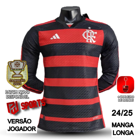 Camisa Flamengo Casa 24/25 Manga Longa - Versão Jogador Masculino - Adidas - Preto com Listras Vermelhas