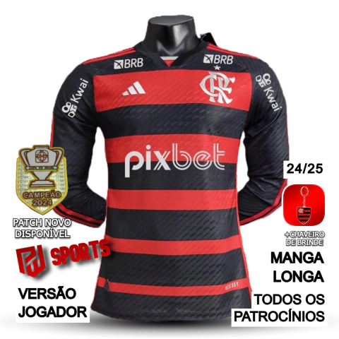 Camisa Flamengo Casa 24/25 Manga Longa Com Todos os Patrocínios - Versão Jogador Masculino - Adidas - Preto com Listras Vermelhas