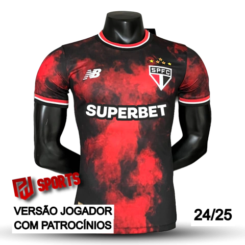 Camisa São Paulo Terceiro 24/25 Com Patrocínios - Versão Jogador Masculino - New Balance - Preto e Vermelho