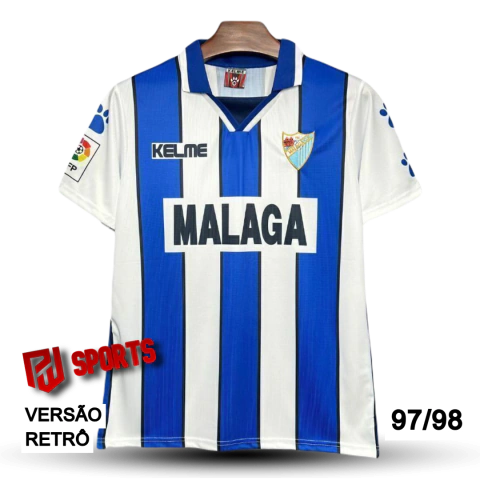 Camisa Málaga Casa 1997/1998 - Versão Retrô Masculino - Kelme - Azul e Branca Listrada