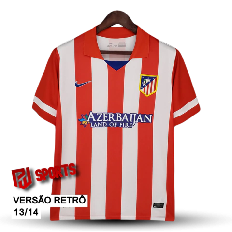 Camisa Atlético de Madrid Casa 13/14 - Versão Retrô Masculino - Nike - Vermelho e Branca Listrada