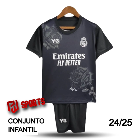 Kit Infantil Real Madrid Edição Especial 24/25 - Versão Torcedor Unissex - Adidas Y-3 - Preto
