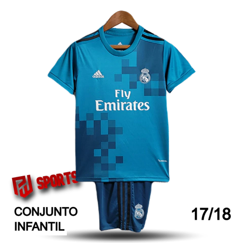Kit Infantil Real Madrid Third 2017/18 - Versão Torcedor Unissex - Adidas - Azul Ciano