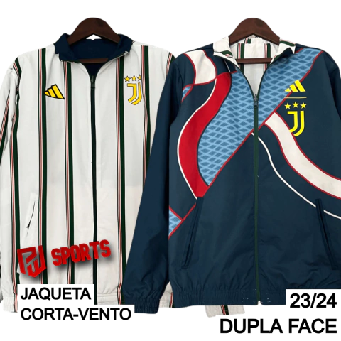 Jaqueta Corta-Vento Juventus Dupla Face 23/24 - Masculino - Adidas - Branco Listrado/Azul