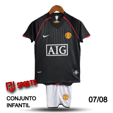Kit Infantil Manchester United Away 2007/08 - Versão Torcedor Unissex - Nike - Camisa Preta e Shorts Branco