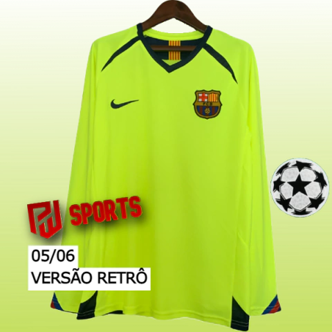 Camisa Barcelona Away 2005/2006 Manga Longa - Versão Retrô Masculino - Nike - Verde Limão