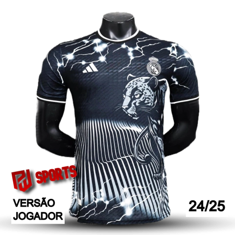 Camisa Real Madrid Edição Especial Leopardo Branco 24/25 - Versão Jogador Masculino - Adidas - Preto com detalhes em Branco