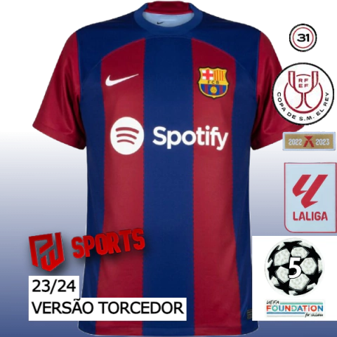 Camisa Barcelona Home 2023/2024 - Versão Torcedor Masculino - Nike - Azul e Grená