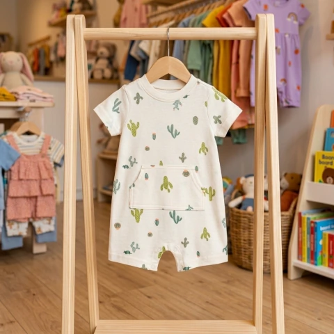 Romper Macaquinho Curto Cacto Creme Bebê