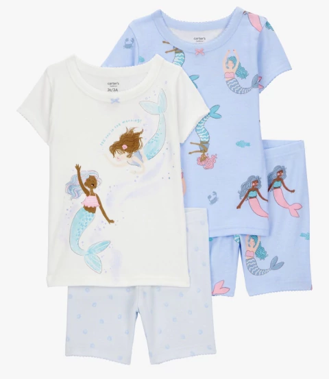 Pijama 4pç Carter's Manga Curta Short Sereia, Azul, Menina