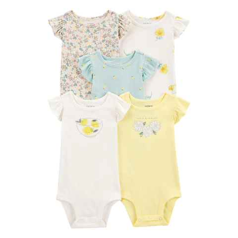 Kit Body Manga Curta Babado Carter's Flores Amarelo Menina