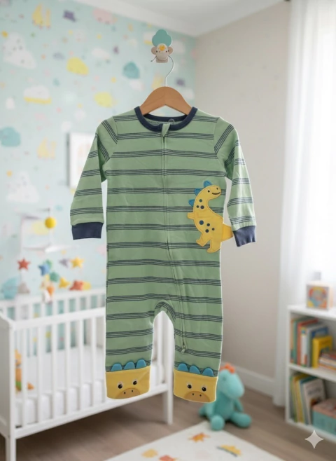 Macacão Dinossauro, sem pé, verde, zíper duplo, Koala Baby