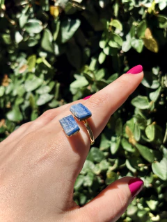 Anel Cianita Azul Proteção Arcanjo Miguel Bruta Dourado - comprar online