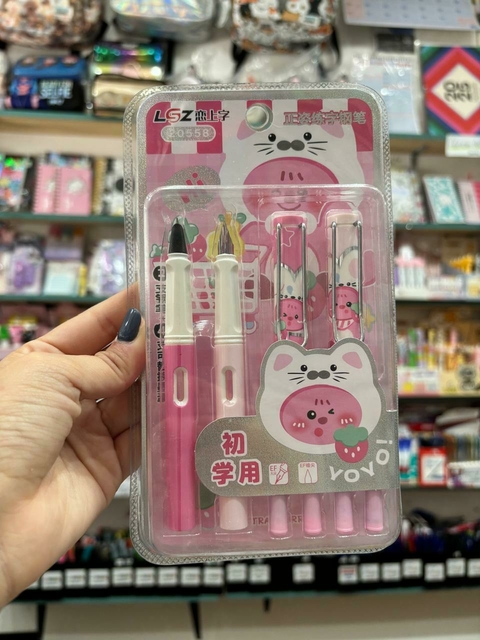 Set 2 Lapiceras Pluma Gatito Animales + 4 Cartuchos Repuestos