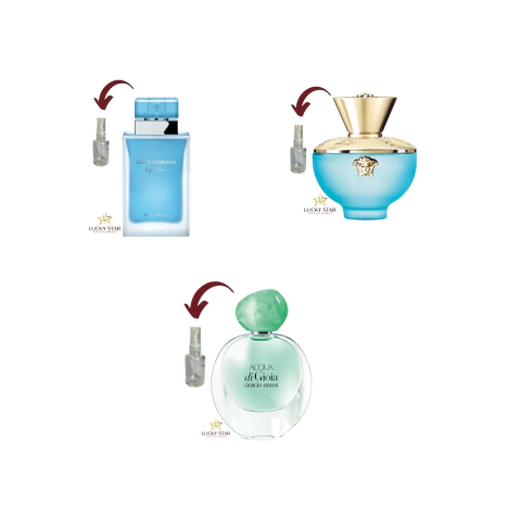 COMBO FEMININO REFRESCANTE 1 DECANT DE 5ML LIGHT BLUE EAU INTENSE + 1 DECANT DE 5ML DYLAN TURQUOISE + 1 DECANT DE 5ML ACQUA DI GIOIA