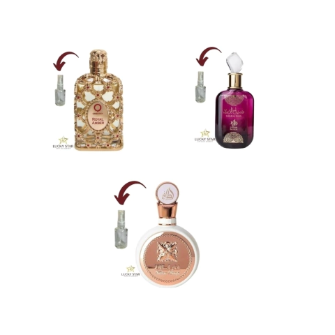 COMBO QUERIDINHOS ÁRABES - 1 DECANT 5ML ROYAL AMBER + 1 DECANT 5ML SABA AL WARD + 1 DECANT 5ML FAKHAR