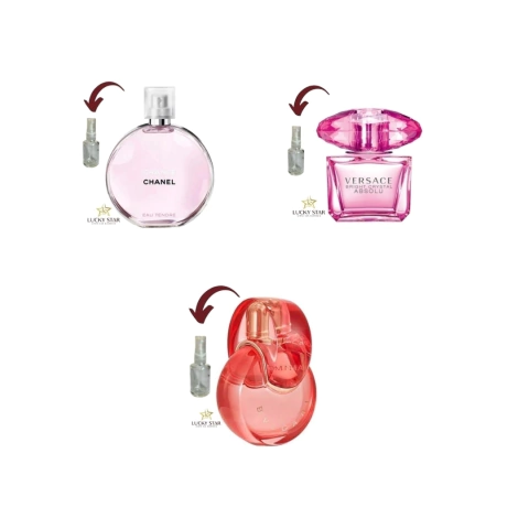 COMBO FLORAL SUAVE + 1 DECANT 5ML CHANCE CHANEL EAU TENDRE + 1 DECANT 5ML BRIGHT CRYSTAL ABSOLU + 1 DECANT 5ML OMNIA CORAL