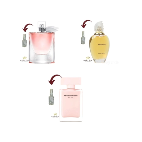 COMBO FLORAL INTENSO 1 DECANT 5ML LA VIE EST BELLE + 1 DECANT 5ML AMARIGE + 1 DECANT 5ML NARCISO RODRUGUEZ FOR HER