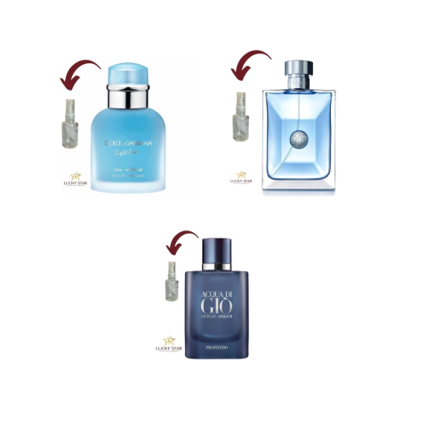 COMBO MASCULINO REFRESCANTE 1 DECANT DE 5ML LIGHT BLUE EAU INTENSE POUR HOMME + 1 DECANT DE 5ML VERSACE POUR HOMME + 1 DECANT DE 5ML ACQUA DI GIÓ
