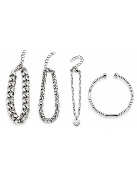 Mix de Pulseiras 4 Peças Grumet, Cartier, Coração e Bracelete Ondulado no Ródio Branco