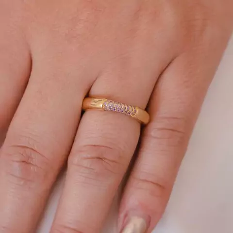 Anel Meia Aliança com Cristais Roxo no Dourado