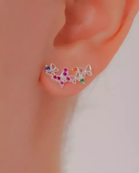 Brinco Ear Cuff Borboletas com Cristais Coloridos na Prata