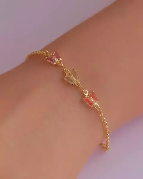 Pulseira Infantil Elos Portugues com Borboletas de Cristais Coloridos no Dourado