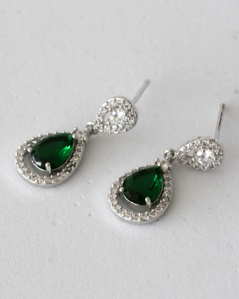 Brinco Gota Invertida com Gota Pendurada Verde Esmeralda no Ródio Branco - comprar online