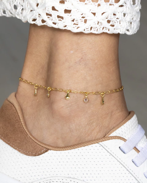Tornozeleira Elos com Gota e Tiffanys Pendurados no Dourado - comprar online