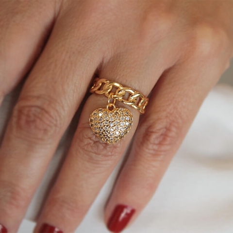Anel Elos com Coração de Microzirconias Pendurado no Dourado - comprar online