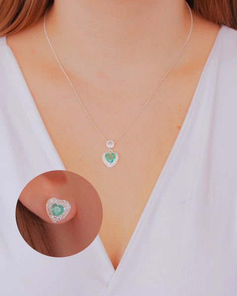 Conjunto de Brinco e Colar de Coração com Microzirconias na Prata com Verde - comprar online